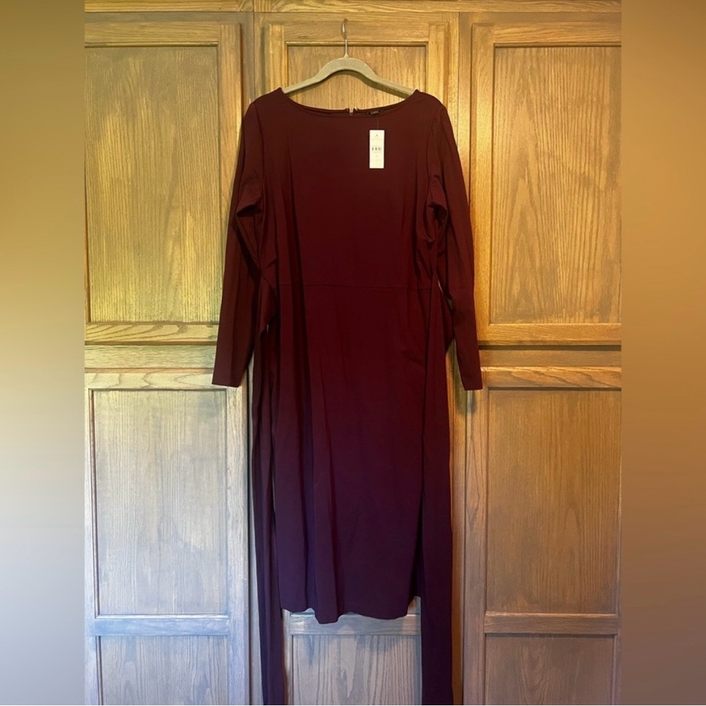 💜 Ann Taylor Rich Burgundy Tie Waist Long Sleeve Midi Dress 💜 - Picture 3 of 6